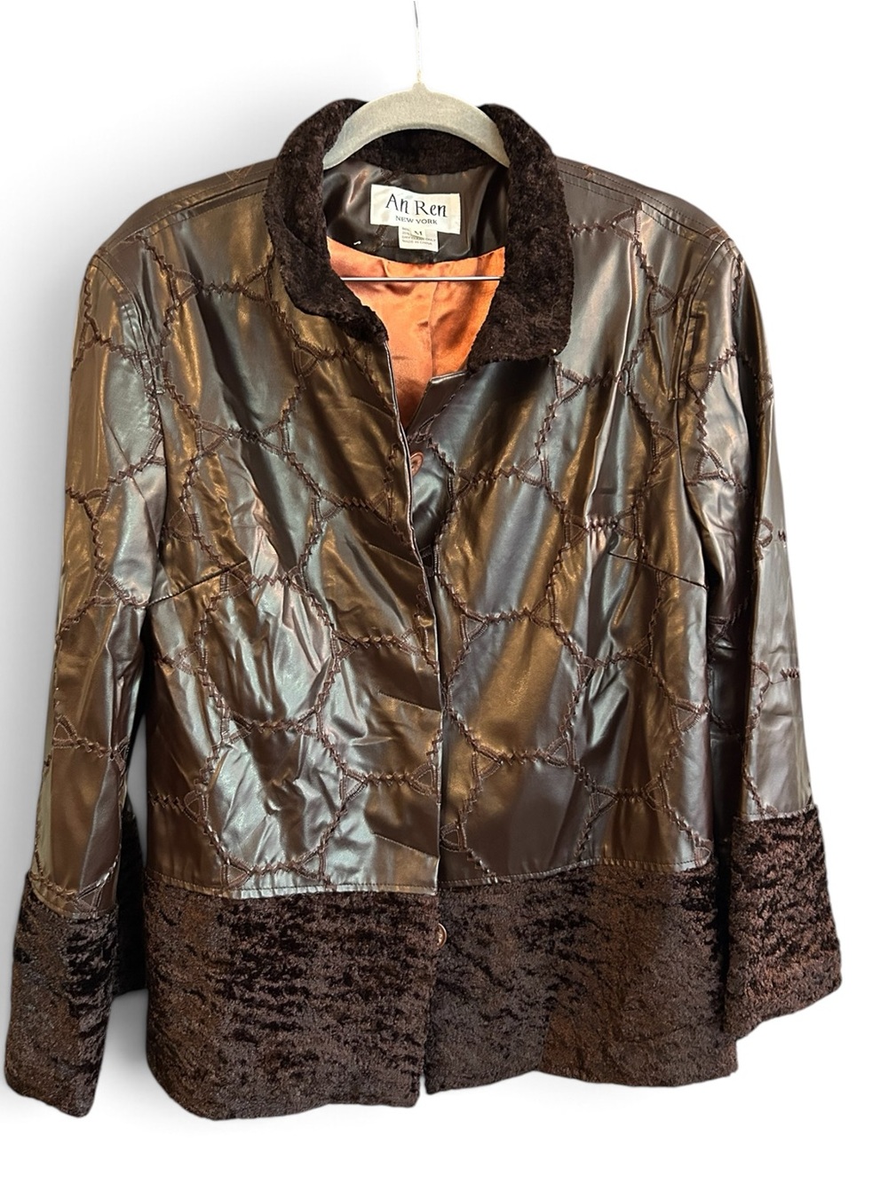 An Ren Vintage Women's Brown Quilted Faux Leather Jacket with Faux Fur Trim M